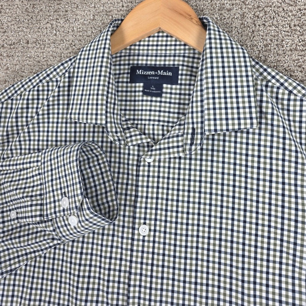 Mizzen + Main Leeward Trim Fit Dress Shirt Mens Large Green Blue Gingham Check L